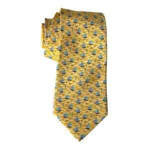 Holland & Sherry Nautical Yellow silk tie handmade USA seagulls and sailboats.